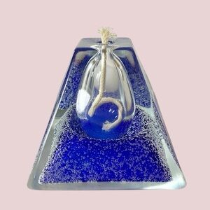 Pyramid Blue & Clear Pulegoso Bubble Art Cased Glass Oil Lamp or Bud Vase